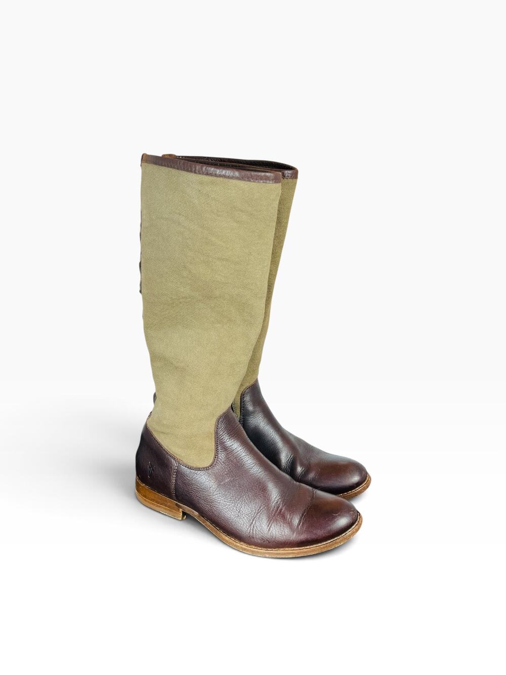 Frye Jane Braid Tall Riding Boots Brown Leather Olive Canvas Size 7